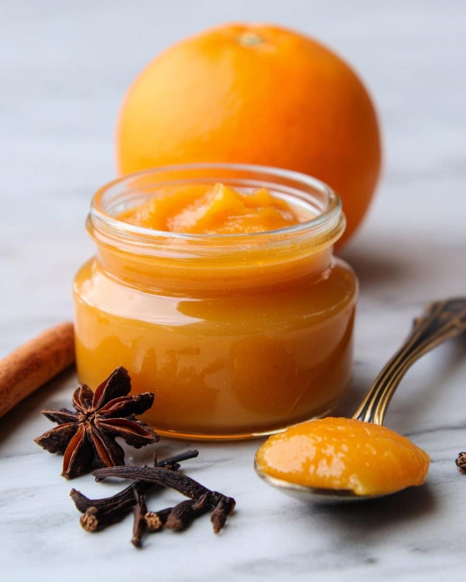A clear small jar filled with bright orange smooth spread sits on a white marbled surface, with a spoon scooping some of the spread near the jar's open top, showing its thick, soft texture. Behind the jar is one whole orange fruit, bright and textured. In front of the jar are dark brown star anise, a cinnamon stick, and a few cloves scattered around, adding a warm, spicy feel to the image. The photo is taken with an iphone --ar 4:5 --v 7