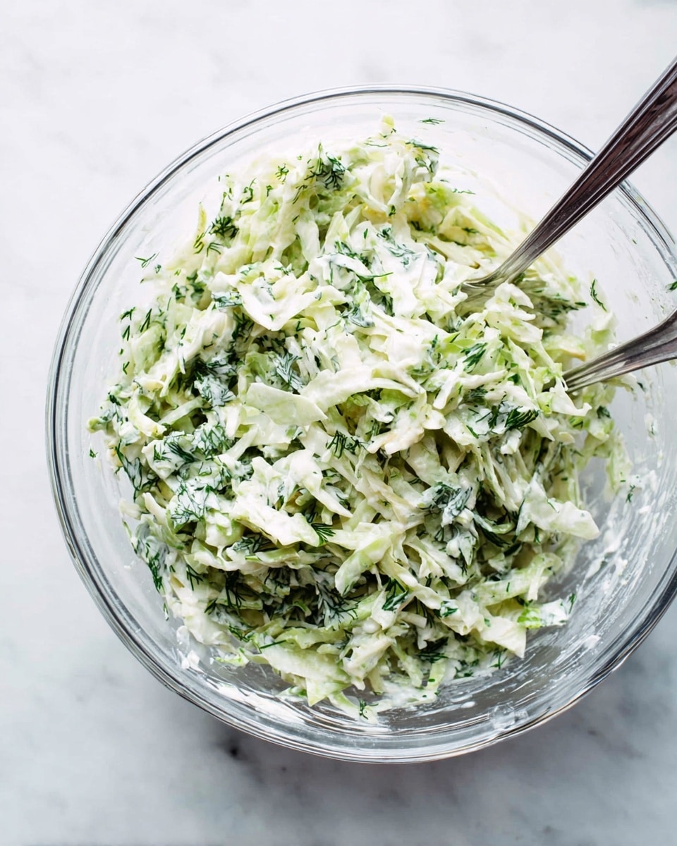 A clear glass bowl holds a mixture of shredded pale green cabbage and darker green herbs coated evenly in a creamy white dressing. Two silver forks rest inside the bowl, one on the left and one on the right, partially buried in the salad. The texture looks fresh and lightly crunchy with small bits of leafy herbs mixed throughout. The bowl sits on a white marbled surface that adds a clean, bright background to the simple, fresh salad. photo taken with an iphone --ar 4:5 --v 7