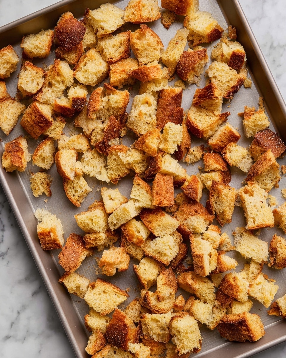 The image shows a metal baking pan filled with many small, irregular pieces of golden brown toasted bread scattered across the surface. The bread pieces vary in size and shape, with some having a darker, crispy crust while others show a lighter, softer inside texture. The overall look is crunchy and rough, with the bread bits spread unevenly but covering most of the pan. The pan sits on a white marbled surface. photo taken with an iphone --ar 4:5 --v 7