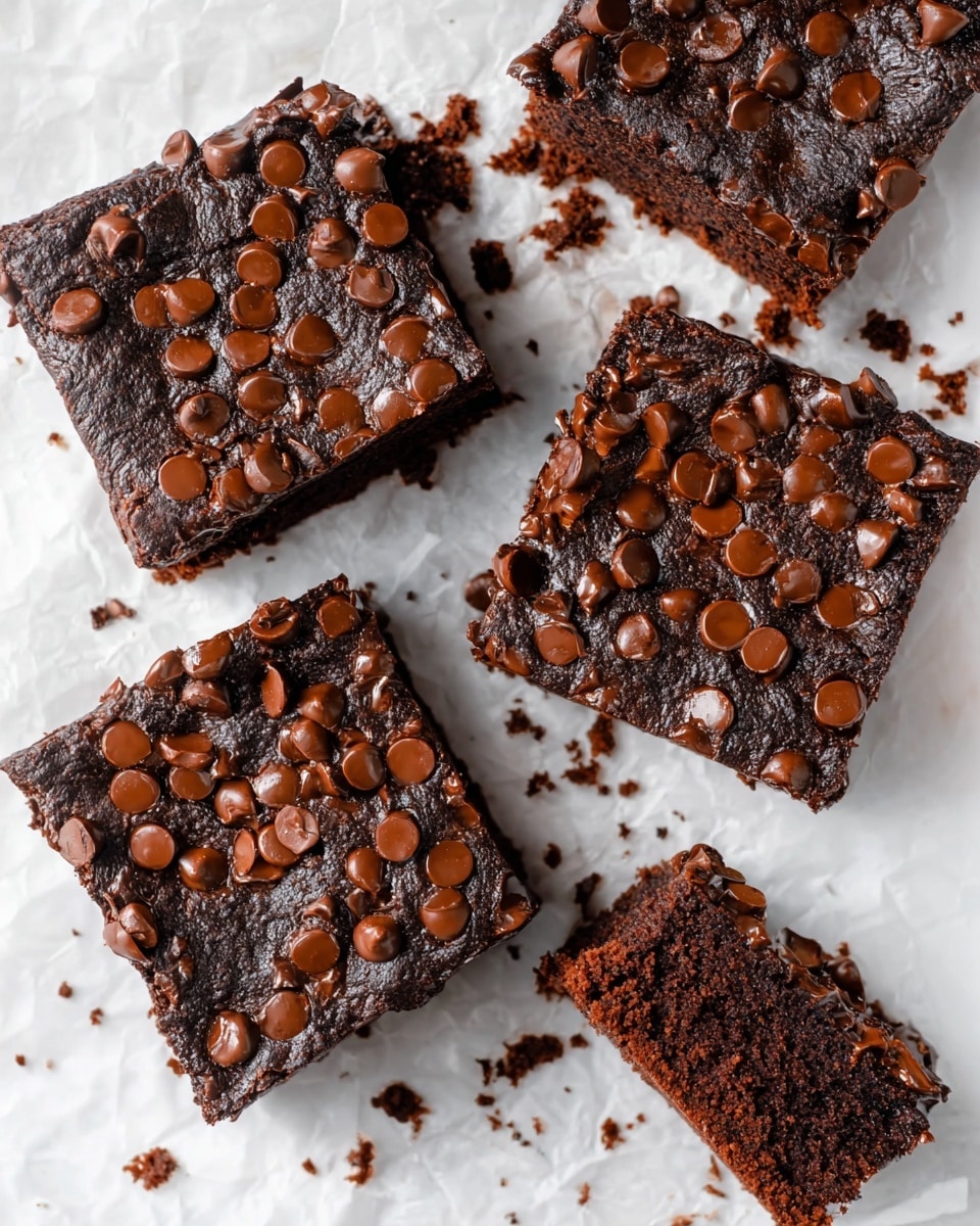Four thick, square brownies sit on white parchment paper over a white marbled surface, each covered with a dense layer of melted chocolate chips on top. The brownies have a rich, dark brown color with a slightly rough texture and soft edges. Small crumbs and broken pieces lie around them, showing a moist and chewy inside. The chocolate chips on top vary in shape, some smooth and round, others slightly melted with glossy surfaces, adding texture and shine to the deep brown squares. photo taken with an iphone --ar 4:5 --v 7