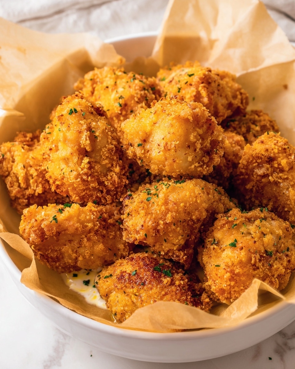A group of crispy, golden-brown fried chicken pieces with a rough, crunchy texture is piled in a white bowl lined with light brown parchment paper. The chicken pieces have an irregular shape and are sprinkled with small bits of green herbs, adding touch of color. The white marbled surface is softly visible around the bowl. Photo taken with an iphone --ar 4:5 --v 7
