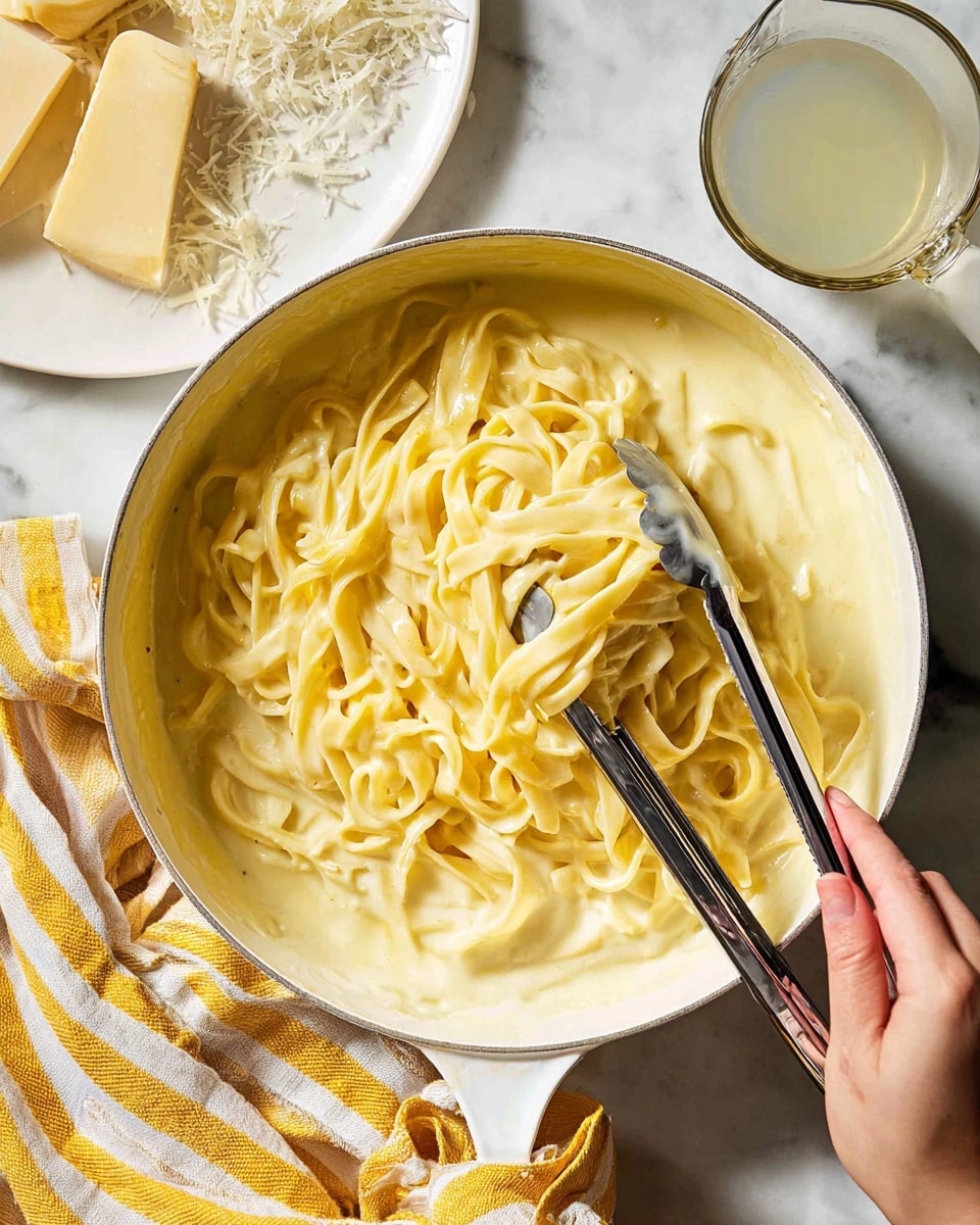 A white pan filled with creamy light yellow pasta sauce, with flat fettuccine noodles coated in the thick sauce, being lifted slightly by a woman's hand holding shiny silver tongs in the center of the pan. The pan is on a white marbled surface with a yellow and white striped cloth beside it. A white plate with large pieces of pale yellow cheese and grated cheese is partly visible at the top left, and a clear measuring cup with a pale liquid is on the right. Photo taken with an iphone --ar 4:5 --v 7