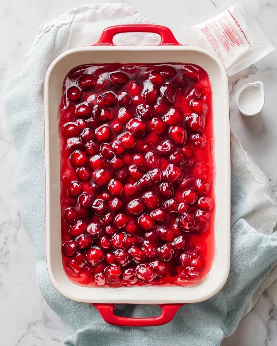A rectangular white baking dish with red handles holds a bright red and glossy layer of whole cherries covered in thick, shiny cherry sauce, filling the dish evenly. The dish is set on a white marbled surface with a white packet and measuring cup in the background, along with a soft light blue cloth near the bottom edge. The rich red cherries contrast sharply with the clean white dish and the pale background, making the sauce look fresh and inviting photo taken with an iphone --ar 4:5 --v 7