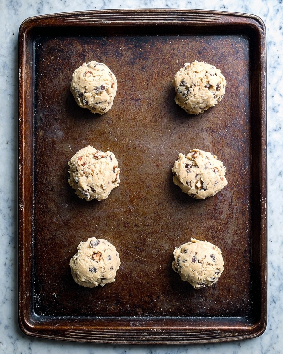Six round cookie dough balls are placed spaced evenly on a well-used dark baking tray with a worn, rusty texture. Each dough ball is light beige with visible dark chocolate chips and small nut pieces mixed in. The dough has a thick, chunky texture and looks ready to bake. The tray has raised edges and sits on a white marbled surface. Photo taken with an iphone --ar 4:5 --v 7
