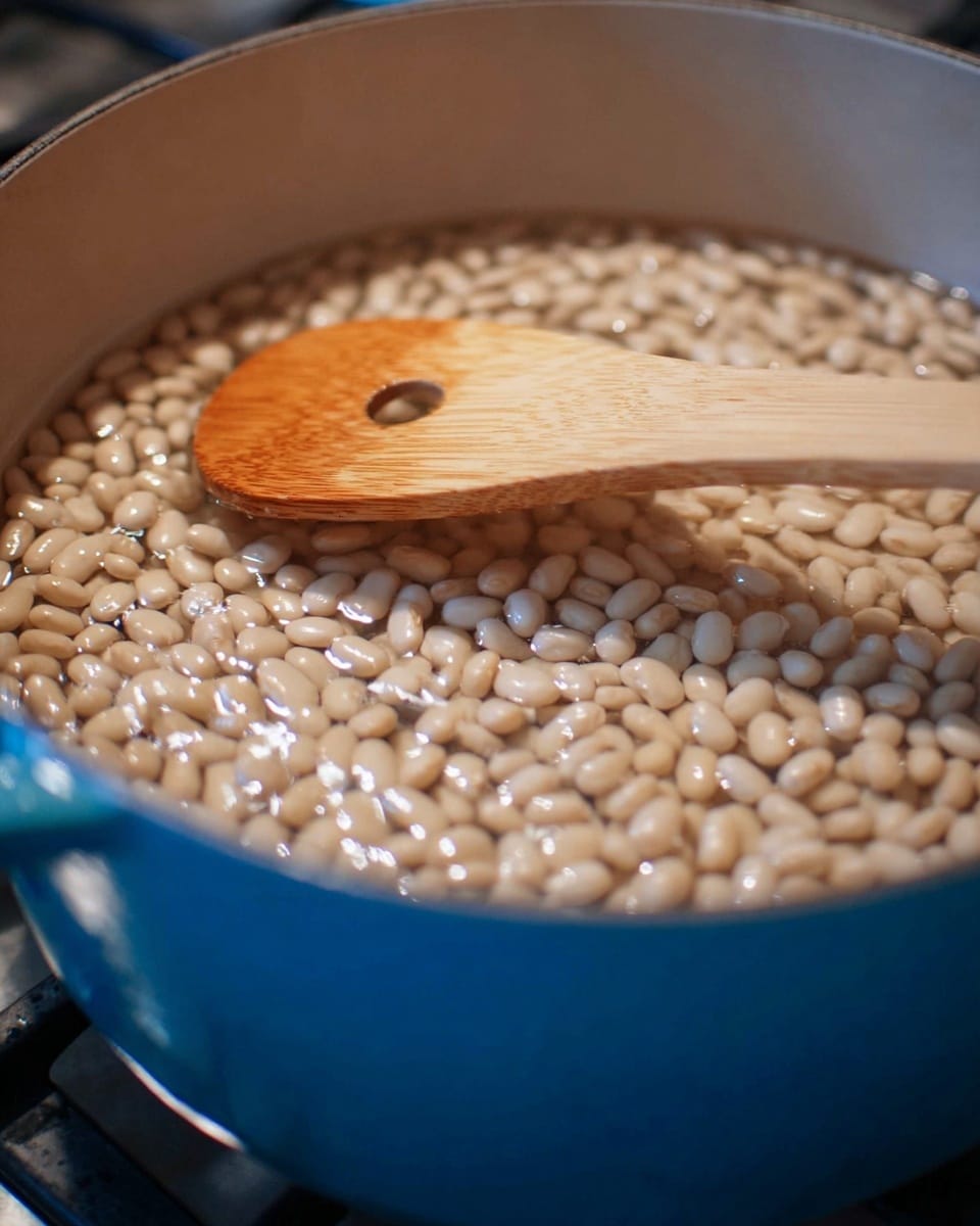 A close-up image of a large blue pot filled with small, pale beans soaking in clear water, with a wooden spoon resting horizontally on top of the beans inside the pot, the spoon is light brown with a hole in the middle, the water surface showing slight reflections, and the pot is placed on a stove. photo taken with an iphone --ar 4:5 --v 7