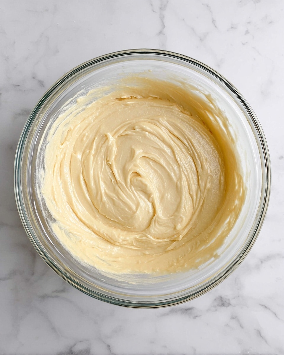 A single clear glass bowl filled with smooth, creamy pale yellow batter that has visible swirls and gentle peaks from mixing, placed on a white marbled surface. The batter looks thick but spreadable, covering the bottom and sides of the bowl evenly. Photo taken with an iphone --ar 4:5 --v 7
