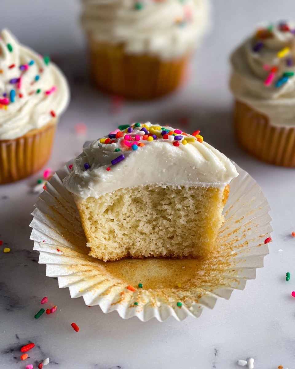 A close-up of a small vanilla cupcake with one layer of light golden soft cake topped with a single thick layer of smooth white frosting decorated with small colorful sprinkles in red, green, yellow, purple, blue, and pink, placed inside a white cupcake liner that is slightly opened to show the soft texture of the cake inside; around it are other similar cupcakes with white frosting and sprinkles on a white marbled surface scattered with more colorful sprinkles photo taken with an iphone --ar 4:5 --v 7