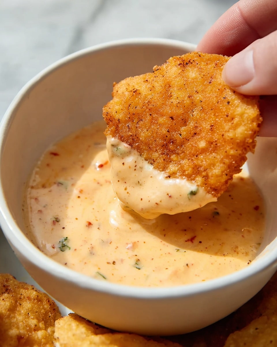 A close-up photo shows a woman's hand holding a golden-brown, crisp, and textured chip that is half-dipped into a creamy, light orange sauce with small red and green specks visible. The chip has a slightly rough surface with dark seasoning dots. The white bowl holding the sauce is filled almost to the brim and sits on a white marbled surface, with another golden chip partly visible in the background. The scene is bright and clear, showing the smoothness of the sauce and the crunchiness of the chip. photo taken with an iphone --ar 4:5 --v 7