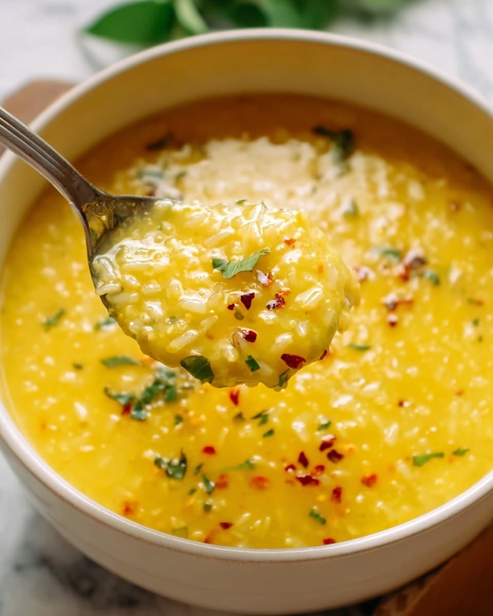 A close-up of a white bowl filled with thick yellow soup, showing a creamy texture with visible small grains of rice mixed throughout. The soup has small green herb pieces and red chili flakes sprinkled on top and within the soup. A spoon with more soup and rice is held above the bowl, capturing the rich, smooth consistency. The surface underneath is a white marbled texture, with blurred green leaves in the background. The lighting is bright and natural, highlighting the vibrant colors and the slightly glossy surface of the soup. Photo taken with an iphone --ar 4:5 --v 7