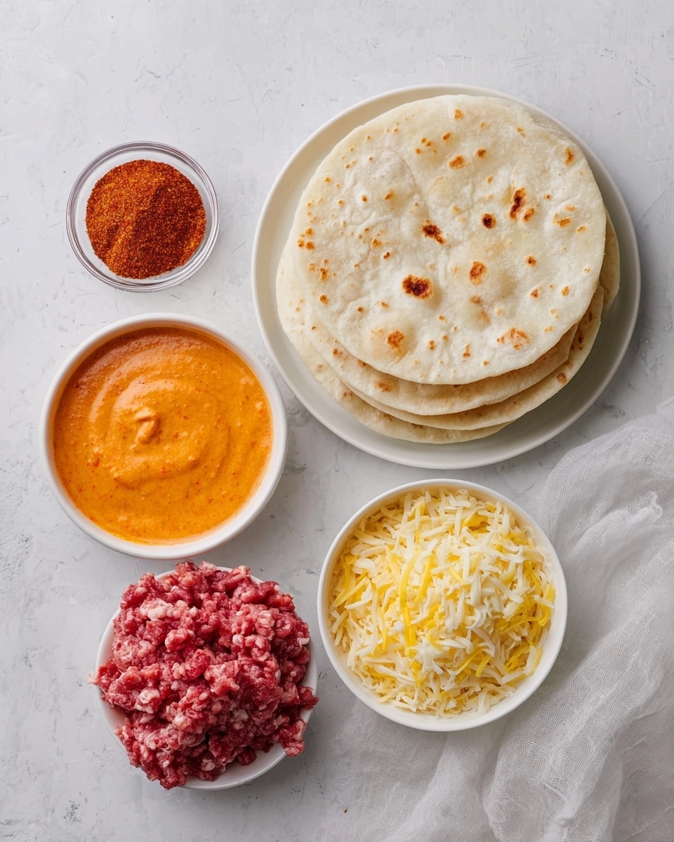 A white plate on a white marbled surface holds four items: a stack of soft, round tortillas with light brown spots on the top right, a bowl of bright orange creamy sauce with a smooth texture near the top center, a small bowl filled with a reddish-brown spice powder on the left, and a bowl of raw, bright red minced meat with bits of white fat at the bottom left. Next to the bowls, there is a bowl filled with a mix of yellow and white shredded cheese at the middle right. A sheer white cloth is softly draped at the bottom right corner of the image. Photo taken with an iphone --ar 4:5 --v 7