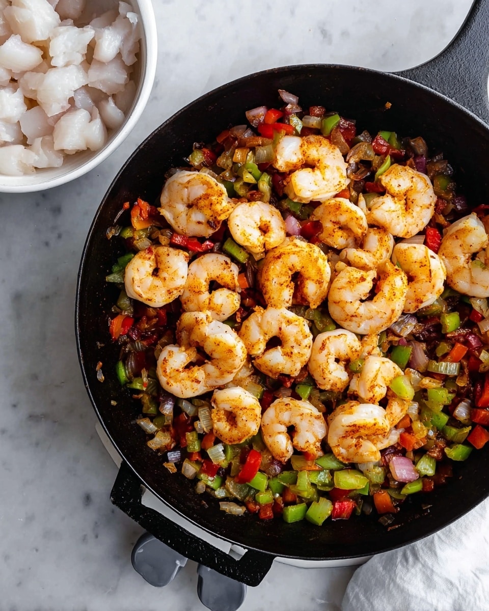 A black cast iron pan holds a cooked mix of shrimp and diced vegetables. The shrimp are light pink with some orange seasoning, curled and spread across the pan. The diced vegetables beneath include red, green, and orange pieces with a soft, slightly browned texture, mixed with some chopped onions. The pan rests on a white marbled surface, and below it, there is a white bowl filled with small chunks of raw white fish. The scene shows a top-down view, emphasizing the colors and textures of the cooked shrimp and vegetables. Photo taken with an iphone --ar 4:5 --v 7