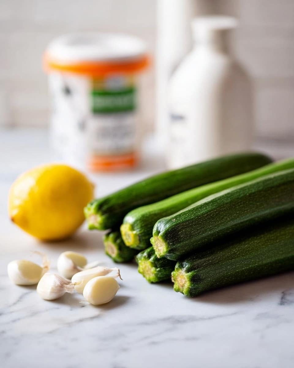 The image shows five green zucchinis arranged in a row on a white marbled surface, with their stems facing toward the right. In front of the zucchinis, there are four peeled garlic cloves spread out near a small yellow lemon placed to the left. The background includes a blurry white bottle and a white container with orange and black labels, maintaining a clean and simple kitchen feel. photo taken with an iphone --ar 4:5 --v 7