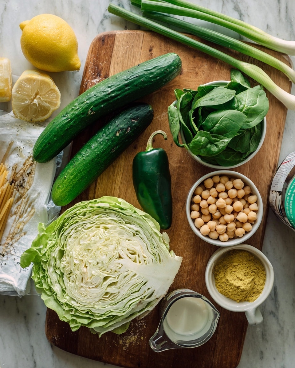 The image shows fresh ingredients placed on a white marbled surface with a wooden board in the middle. There are two cucumbers lying horizontally above the wooden board near the top right, with a couple of green onions placed diagonally above them. Below the cucumbers is a dark green jalapeño pepper next to a cup filled with bright green spinach leaves. To the right side of the wooden board, there is a small white bowl filled with beige chickpeas and another small white bowl with finely ground yellow powder. At the left bottom corner of the wooden board, there is a large, thick, round sliced cabbage showing its white and pale green layers. Just above the cabbage, a measuring cup filled with dark green basil leaves is placed, with the handle facing the top. A lemon and an avocado sit near the top left corner, and a white bag of pasta is positioned near the bottom left. A half-full measuring cup with liquid sits near the bottom right of the wooden board. photo taken with an iphone --ar 4:5 --v 7