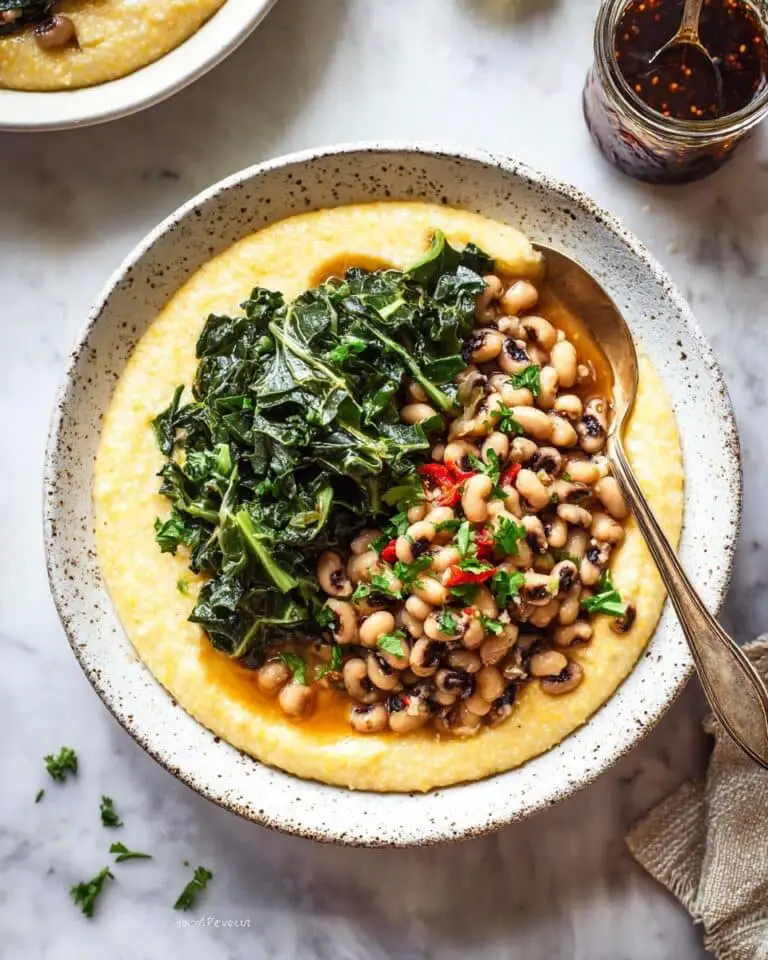 Black Eyed Peas with Smoky Collards and Cheesy Grits Recipe