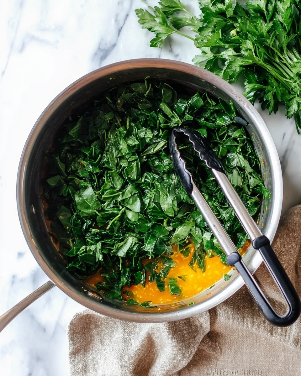 The image shows a shiny silver metal pot filled mostly with dark green chopped leafy vegetables, which are slightly wet and glossy. Below the green leaves, there is an orange-yellow sauce or liquid partially visible in the middle of the pot. A metal tong with black rubber tips is placed inside the pot, resting on the vegetables. The pot is sitting on a white marbled surface, with a bunch of fresh green parsley on the top right corner. A beige cloth is partially visible at the bottom left side. Photo taken with an iphone --ar 4:5 --v 7
