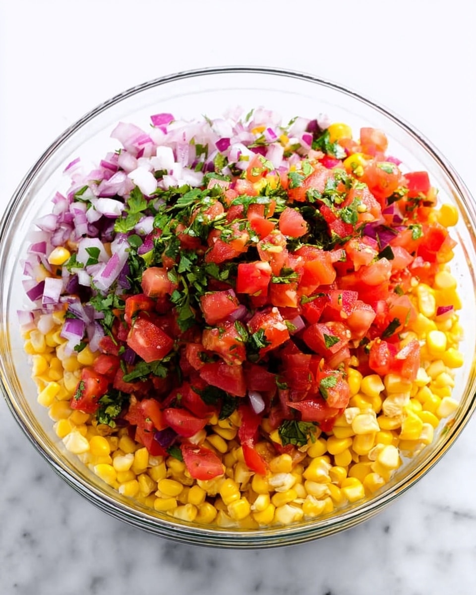 The image shows a group of ingredients arranged on a white marbled surface with a box of Barilla pasta standing at the back. At the front, there are small clear glass bowls holding different colorful ingredients: bright red chopped tomatoes on the left, yellow and white corn kernels below the tomatoes; next to the corn, a bowl with dark red sauce; and to the right, a bowl with diced purple onions. In the center, a clear bowl has a mix of spices in light brown, white, and black colors. A bunch of fresh green cilantro is placed between the bowls and a metal sieve filled with dark black beans. On the far right, two white measuring cups with golden handles contain a white creamy substance. The overall look is bright and clean with a focus on fresh, simple ingredients. photo taken with an iphone --ar 4:5 --v 7