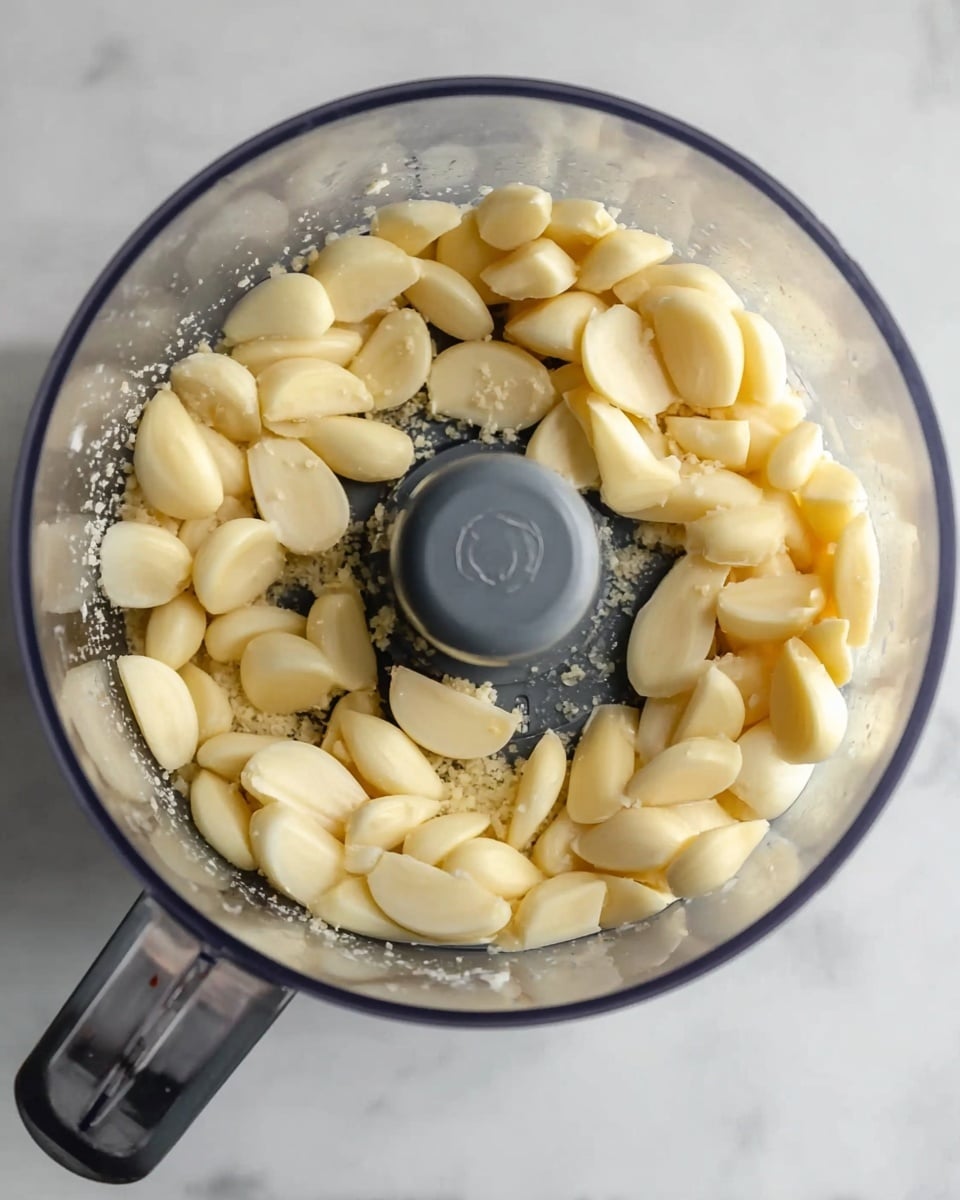This image shows a clear food processor bowl filled with many peeled garlic cloves. The cloves are light yellow with smooth and slightly shiny skin, arranged loosely inside around the center blade piece of the processor, which is dark gray. There is some salt sprinkled over the garlic, adding small white grainy specks on top. The whole processor is set on a white marbled surface, with metal handle visible on the left side of the bowl. photo taken with an iphone --ar 4:5 --v 7