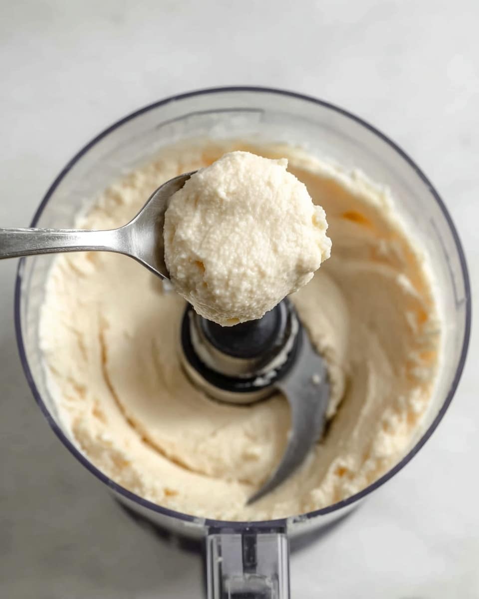 The image shows a close-up top view of a food processor filled with a thick, creamy, light beige mixture. A silver spoon is held above the processor, scooping out a round dollop of this smooth, slightly textured paste. The inside of the processor is clear with a dark center blade holder visible. The background is a white marbled surface. Photo taken with an iphone --ar 4:5 --v 7