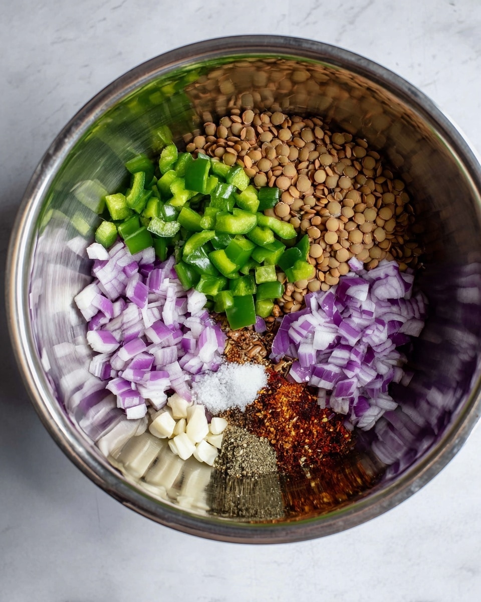 Inside a shiny stainless steel mixing bowl, there are several separate layers of ingredients before mixing. One layer has light brown lentils, next to them are chopped green bell peppers with a fresh texture. Adjacent to the peppers, there are vivid purple pieces of diced red onion. Near the bottom edge, finely chopped white garlic pieces are placed. In the middle bottom area, there is a mix of spices in brown and red hues sitting atop a small sprinkle of white salt. All components are kept separate within the bowl on a white marbled surface. photo taken with an iphone --ar 4:5 --v 7