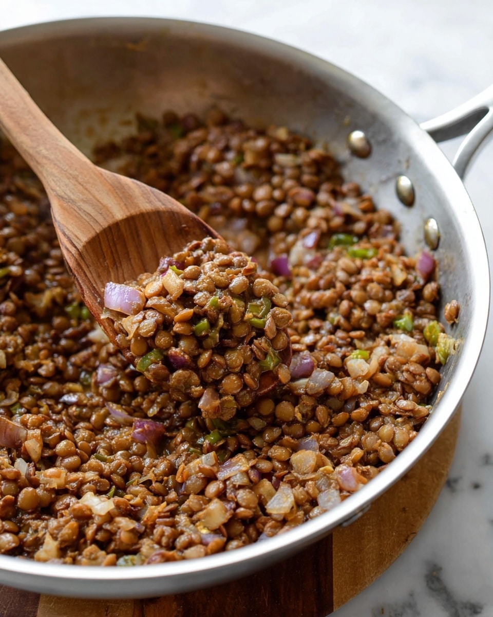 The image shows a big silver pan filled with cooked lentils mixed with small pieces of vegetables like onions and green chilies, giving it a mix of brown, green, and light purple colors. A wooden spoon is scooping some of the lentils from the pan, showing the thick, soft texture of the lentil dish. The pan is placed on a wooden board, and the background is a white marbled surface. The dish looks warm and hearty with a rustic, home-cooked feel photo taken with an iphone --ar 4:5 --v 7
