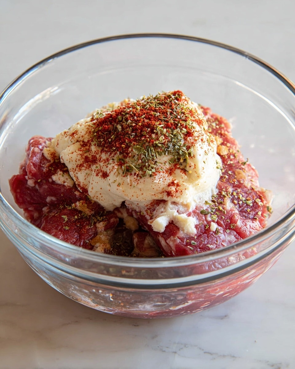 A clear glass bowl holds layers of ingredients starting with a thick base of raw ground meat, deep red and pink in color, filling the bottom and sides. On top of this, there is a dollop of a creamy white mixture, soft and slightly uneven in texture. Covering the creamy layer is a dusting of bright red powdery spice, mixed with scattered flakes of dried green herbs. The bowl sits on a surface with a white marbled texture. The lighting is soft and natural, highlighting the different colors and textures. Photo taken with an iphone --ar 4:5 --v 7