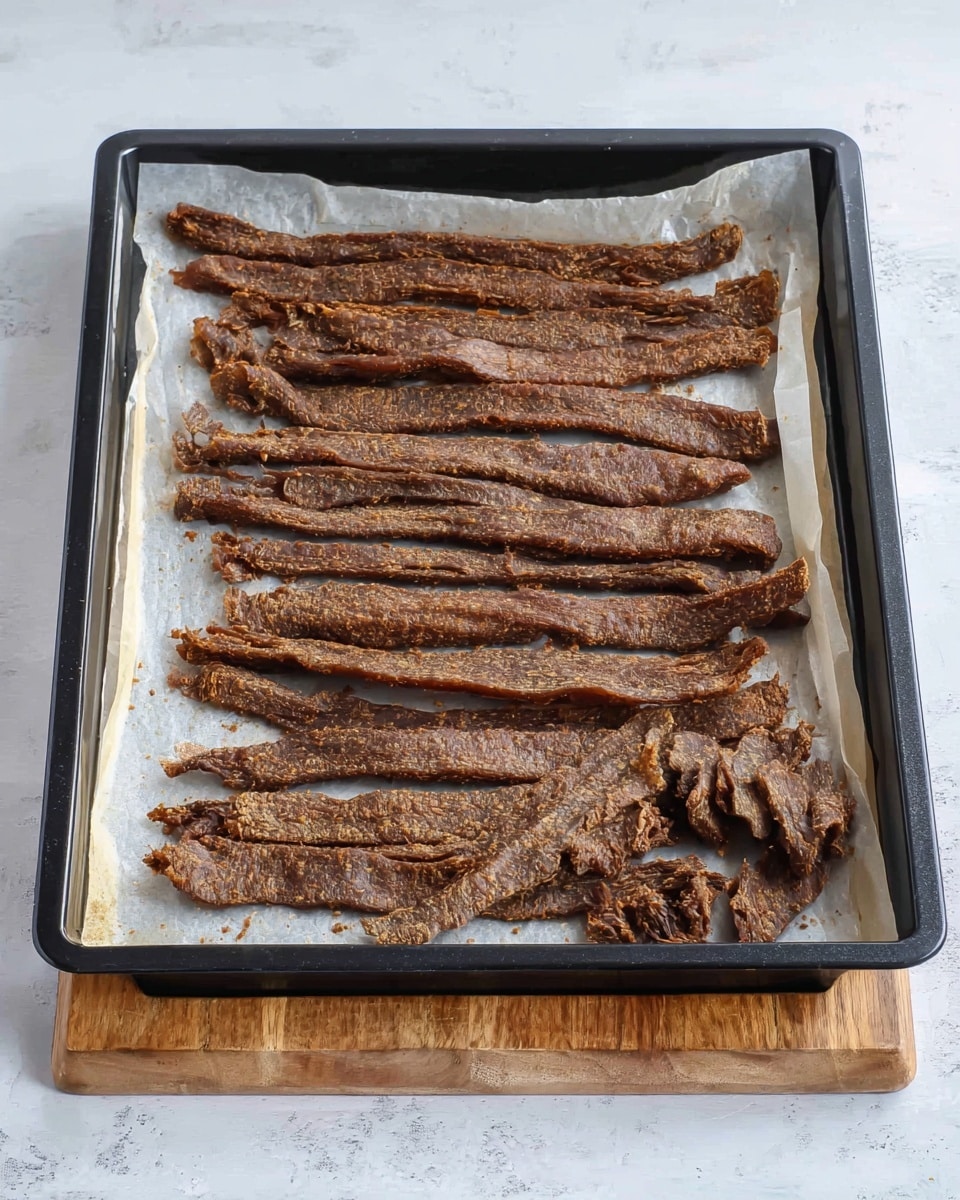 The image shows a black baking tray lined with parchment paper placed on a wooden board, all set on a white marbled surface. Inside the tray, there are several long, thin strips of cooked brown meat arranged roughly parallel to each other, with a few smaller broken pieces scattered at the bottom right corner. The meat looks dry and firm, with some edges slightly curled and uneven, and has a textured surface with darker spots from cooking. photo taken with an iphone --ar 4:5 --v 7