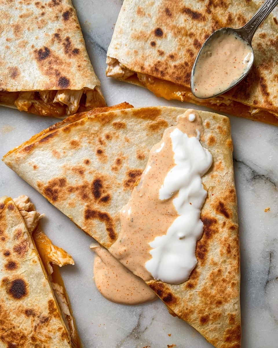 There is a close-up of a sliced quesadilla on a white marbled surface, showing three visible layers: a light brown, slightly toasted tortilla with darker brown spots on top and bottom, a thin layer of melted orange cheese inside, and pieces of cooked chicken with a light brown color. On top of one quesadilla slice, there are two dollops of sauce, the bottom layer is white and creamy, and the top layer is a light brown sauce with visible spices, placed next to a silver spoon with the same light brown sauce. The slices are arranged casually, and the overall look is warm and inviting, photo taken with an iphone --ar 4:5 --v 7