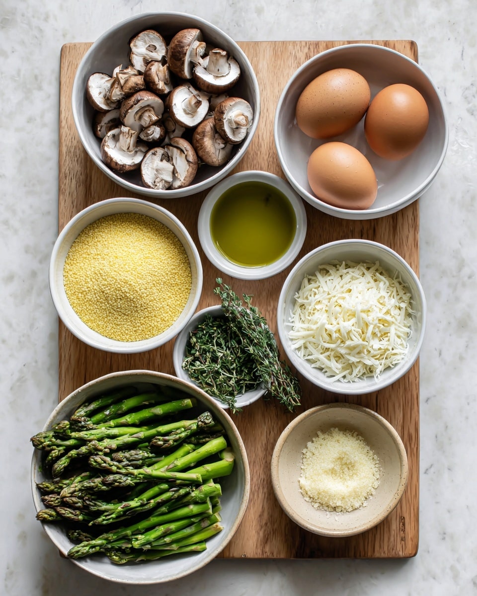 The image shows a top view of seven white bowls and one small beige bowl arranged on a wooden cutting board placed on a white marbled texture. The largest bowl at the top left is filled with brown mushrooms sliced to show their white insides, next to it on the right is a bowl with two brown eggs. Below the mushrooms is a bowl with green olive oil, and in the center is a bowl filled with yellow cornmeal. To the right of the cornmeal is a small bowl with fresh green thyme leaves. Below the thyme is a large bowl filled with fresh green asparagus chopped into medium pieces. Below the olive oil is a bowl with shredded white cheese, and in the small beige bowl at the center bottom sits finely chopped light yellow garlic. The bowls are neatly arranged, showing different colors and textures of the ingredients, against a simple white marbled background. photo taken with an iphone --ar 4:5 --v 7