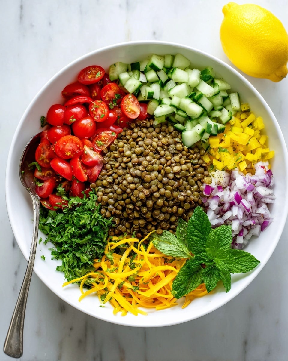 A large white bowl on a white marbled surface holds a colorful salad arranged in separate layers. In the center is a mound of green lentils with a slightly shiny texture. Around the lentils, clockwise, are bright red halved cherry tomatoes, finely chopped dark green parsley, diced yellow bell peppers, light yellow lemon zest strings, medium green chopped cucumber with its dark green skin, small cubes of red onion, and fresh mint leaves. A silver spoon rests beside the tomatoes, and a whole bright yellow lemon sits behind the bowl. The photo taken with an iphone --ar 4:5 --v 7