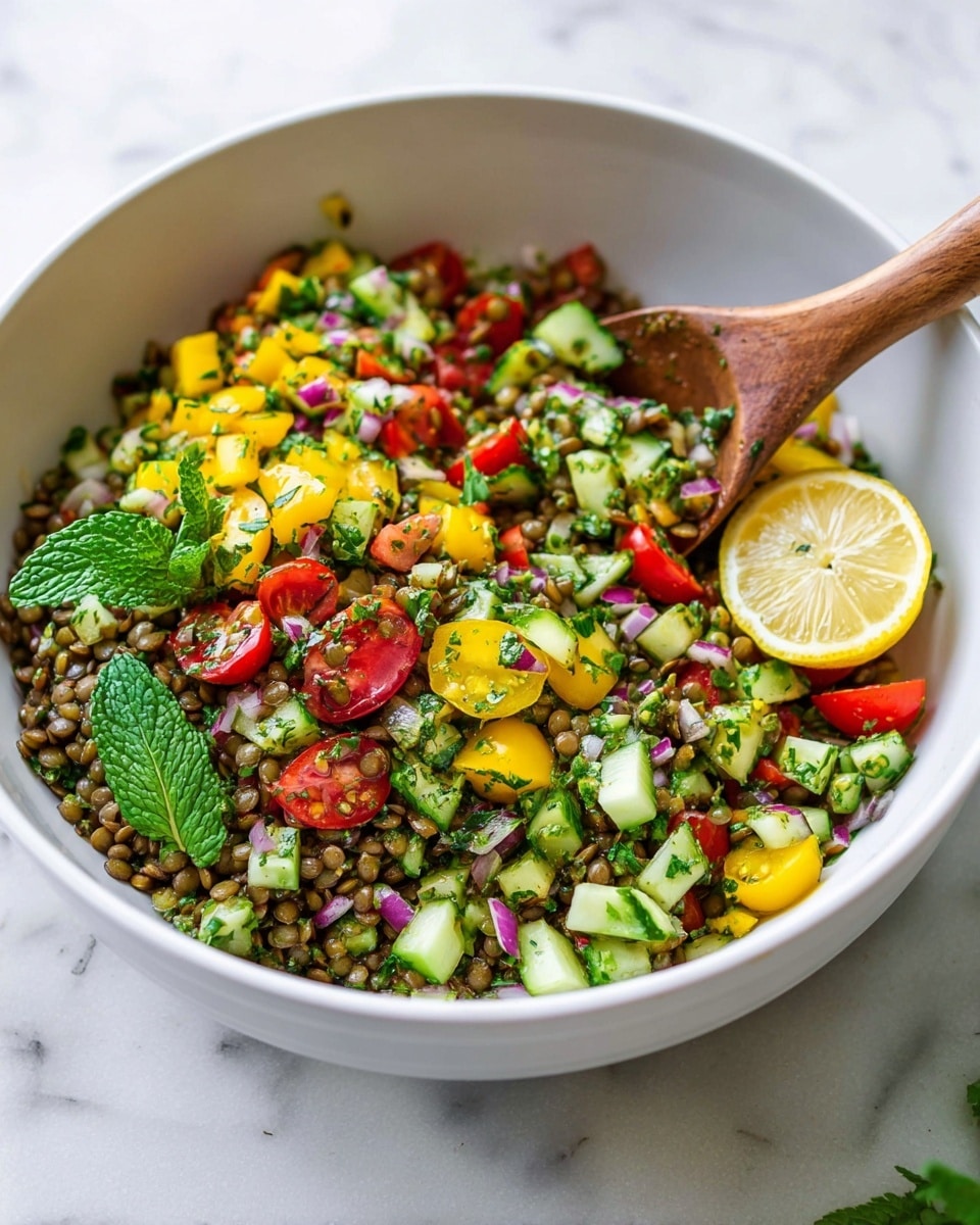 A large white bowl filled with a colorful lentil salad showing two main layers: the bottom layer has small round green lentils, and the top layer is a mix of chopped bright yellow bell peppers, red cherry tomatoes cut in half, green cucumber pieces, chopped fresh herbs including dark green mint leaves, and small bits of purple onion. A wooden spoon is scooping some salad from the bowl, and a lemon slice is placed on the side inside the bowl. The bowl sits on a white marbled surface. Photo taken with an iphone --ar 4:5 --v 7