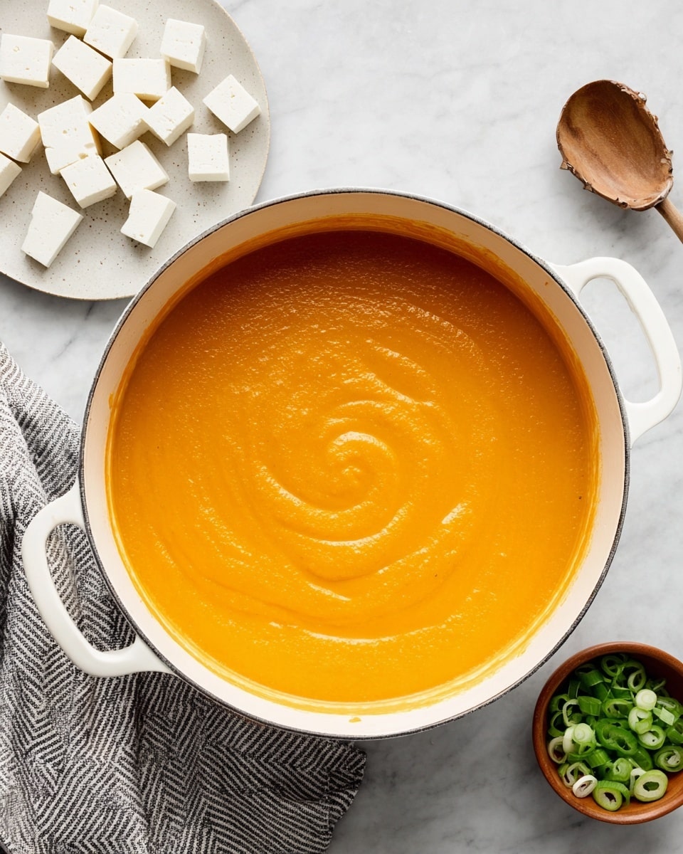 A large white pot filled with smooth, thick, bright orange soup that has a subtle swirl pattern on top. Above the pot, there is a round white plate with evenly cut white tofu squares placed neatly on it. To the right, a small light brown bowl holds thinly sliced bright green scallions. The background and surface are a clean white marbled texture, with a striped gray cloth on the lower left. Photo taken with an iphone --ar 4:5 --v 7