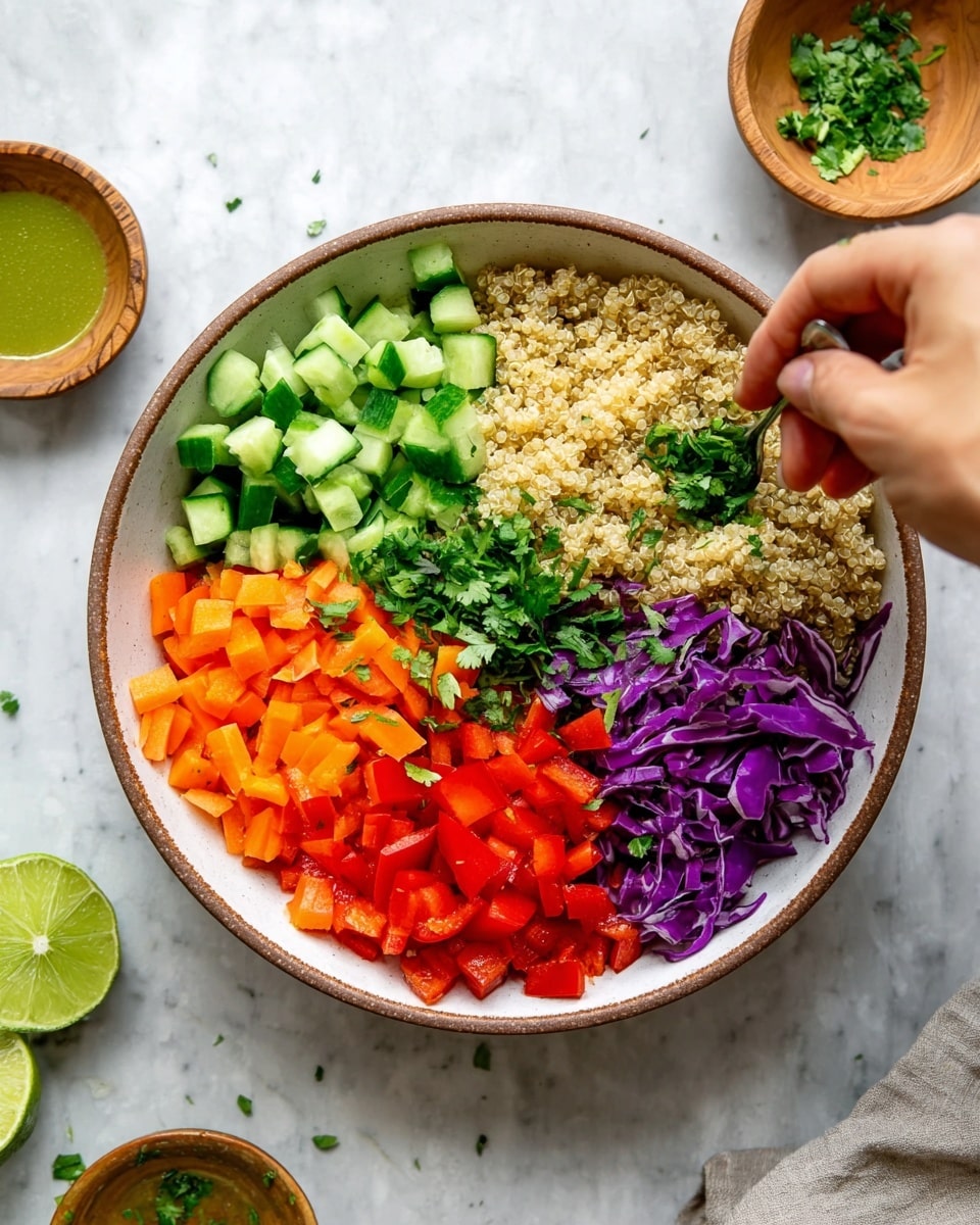 A bowl filled with a base layer of beige quinoa topped with four neatly arranged rows of vegetables: diced green cucumber on the left, followed by bright orange chopped carrots, then red chopped bell pepper, and lastly shredded purple cabbage on the right. Small green chopped herbs are sprinkled over the vegetables. A woman's hand is seen adding fresh green cilantro above the bowl. The bowl is white with a brown rim and sits on a white marbled surface with halved limes and small wooden bowls of herbs and dressing around it. Photo taken with an iphone --ar 4:5 --v 7