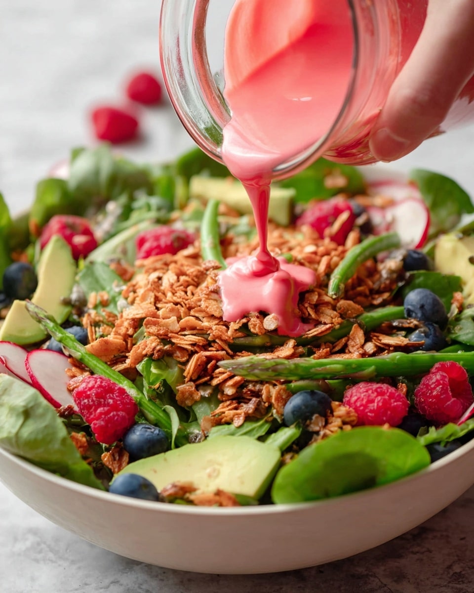 A large white bowl filled with fresh green leafy vegetables as the base layer, mixed with slices of light green avocado and halved radishes. Bright green snap peas and whole blueberries and raspberries are scattered over the greens. On top, there is a layer of crunchy granola pieces with a golden brown color. A thick pink dressing is being poured from a small clear glass container, drizzling over the salad, adding a smooth texture and contrast to the fresh ingredients. A woman's hand holds the container, with a white marbled surface underneath the bowl. photo taken with an iphone --ar 4:5 --v 7