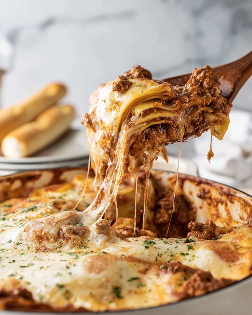 A wooden spoon lifts a big, warm, cheesy slice of lasagna from a deep, white dish. The lasagna has many layers showing soft, light yellow pasta sheets with browned, crumbly meat sauce and melted cheese all mixed together. Strings of melted cheese stretch from the dish to the spoon, making the lasagna look gooey and rich. In the blurry background, there are two breadsticks on a white plate over a white marble surface. The overall colors are warm shades of golden yellow, brown, and creamy white. photo taken with an iphone --ar 4:5 --v 7
