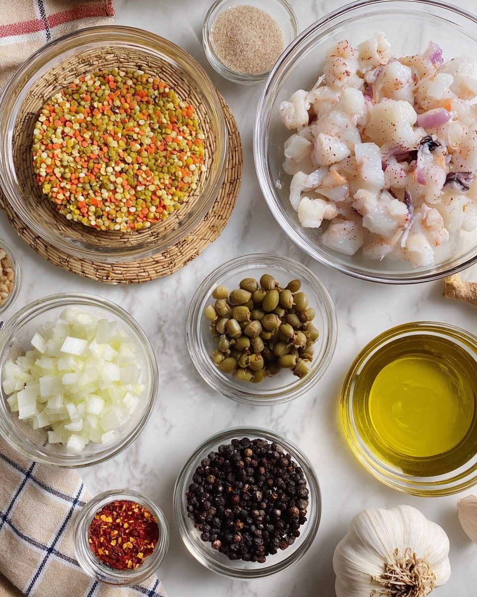 A top view shows several clear glass bowls arranged on a white marbled surface and a small woven mat. One bowl holds tri-colored small round grains, mainly yellow, with some orange and green. Another bowl contains raw seafood pieces, mainly white with slight pink and purple tones. A smaller bowl holds finely chopped white onions. There is also a bowl filled with small dark dried berries, and one with pale pine nuts. A jar of green capers lies next to a round bowl of golden oil. Small glass bowls contain salt, black pepper, and red chili flakes. A garlic bulb and a checked beige cloth are also visible near the edges. Photo taken with an iphone --ar 4:5 --v 7