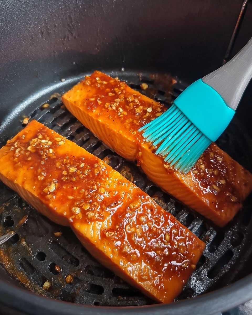 The image shows two rectangular pieces of orange salmon fillets placed side by side inside a black air fryer basket. The salmon is covered with a shiny, reddish-brown glaze that has small pieces of chopped garlic and visible spices sprinkled on top. A turquoise silicone brush with a gray handle is seen brushing the sauce onto the closer salmon fillet. The background inside the air fryer is dark and metallic, with some texture from the basket vents. photo taken with an iphone --ar 4:5 --v 7