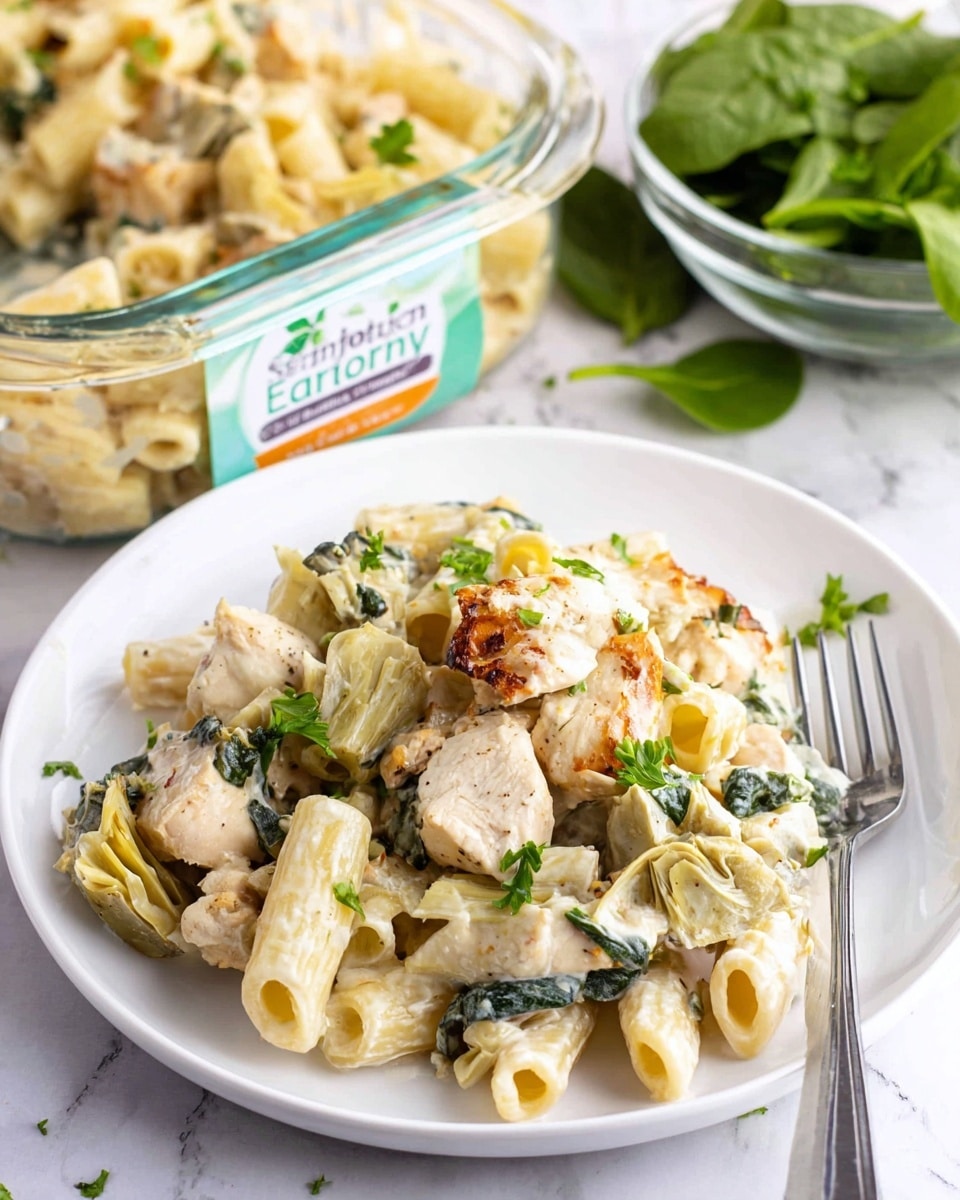 On a white plate sitting on a white marbled surface, there is a serving of creamy pasta made with short, tube-shaped pasta mixed with large pieces of cooked chicken that have a light golden brown outside. The dish also includes cooked green spinach leaves and small artichoke pieces, all covered in a pale cream sauce. Fresh green parsley leaves are sprinkled on top for a splash of color. A silver fork rests on the right side of the plate. In the background, a clear container of fresh spinach and a glass dish with more pasta are visible, adding a home-cooked feel. photo taken with an iphone --ar 4:5 --v 7
