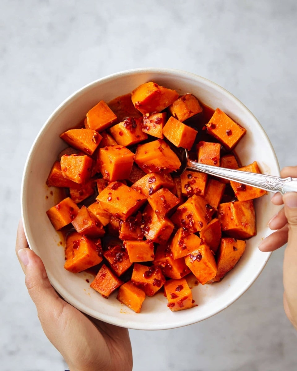 A white bowl filled with three layers of cubed orange sweet potatoes coated in a red sauce with small chili flakes. The sweet potato pieces have smooth, shiny surfaces and square to slightly irregular shapes stacked loosely in the bowl. A woman's hand holds the bowl from the bottom left, while another woman's hand stirs with a silver spoon featuring a simple pattern near the handle. The background is a white marbled texture. photo taken with an iphone --ar 4:5 --v 7