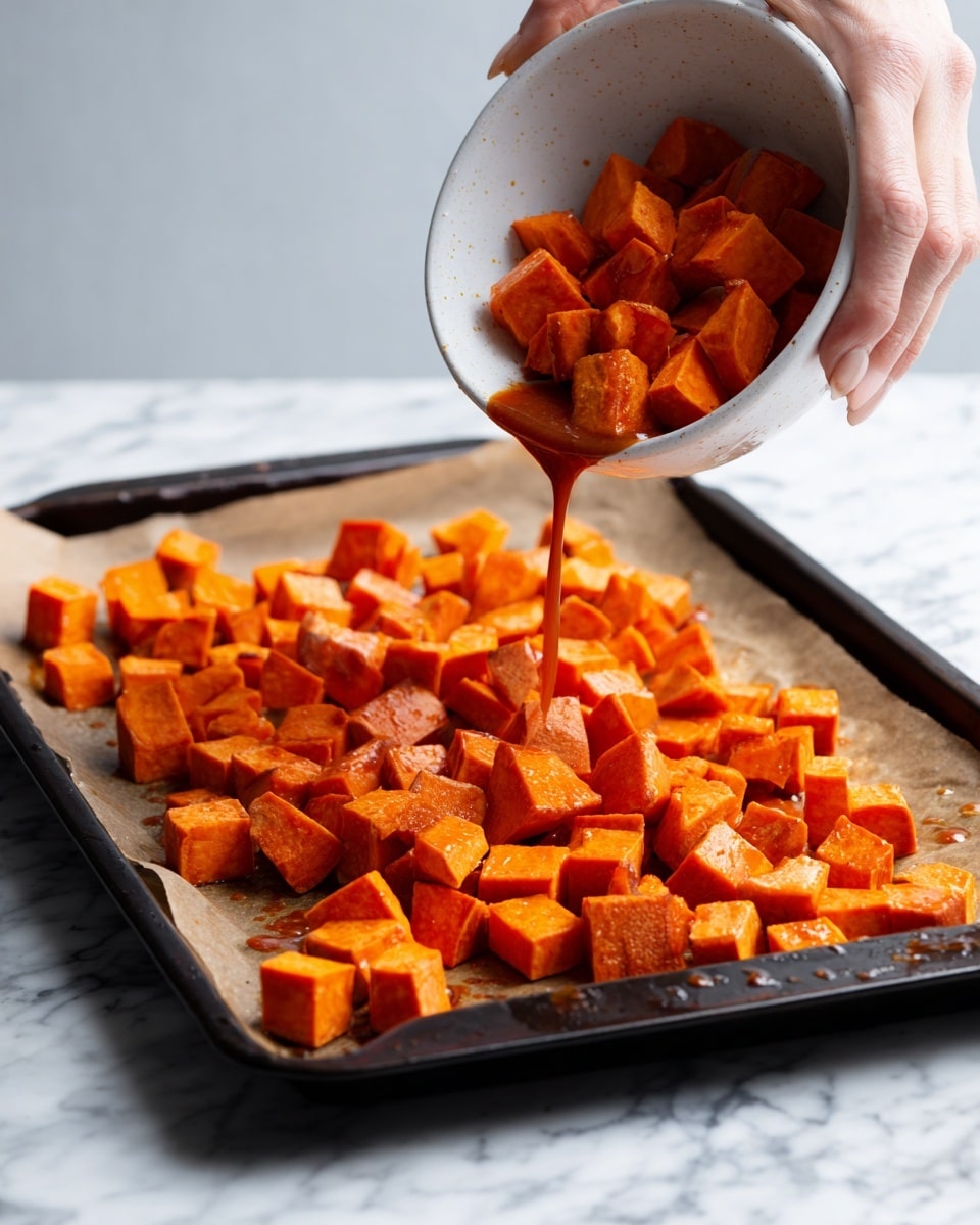 The image shows a dark baking tray lined with brown parchment paper on a white marbled surface. On the tray, there are many small orange cubes of sweet potato mixed with a reddish sauce being poured out from a white bowl held by a woman's hand. The sweet potato cubes are roughly chopped, and their orange color contrasts with the dark baking tray and reddish sauce. The woman's hand is positioned at the top right corner as the cubes tumble out, creating a dynamic motion in the scene. photo taken with an iphone --ar 4:5 --v 7