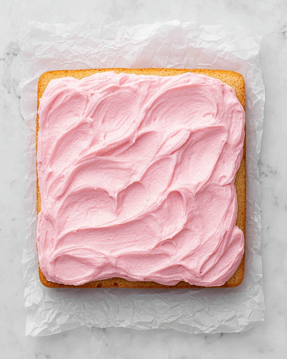 A square cake layer with a light golden brown color sits flat on white crumpled parchment paper over a white marbled surface. The cake is topped evenly with a thick, creamy layer of soft, pale pink frosting that has smooth, swirling patterns across the top. The frosting covers the entire top surface and slightly touches the edges of the cake, creating a gentle texture contrast with the flat cake layer beneath. photo taken with an iphone --ar 4:5 --v 7