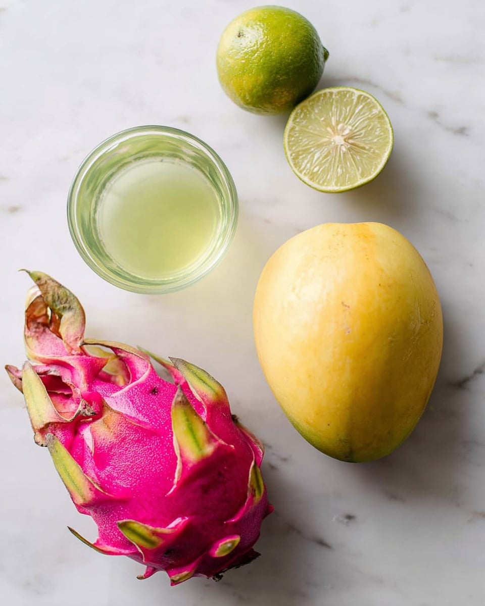 The image shows a white marbled surface with four items placed on it: a clear glass cup filled with light green liquid on the top left, two lime halves with green skin and pale green inside near the top center, a large yellow mango on the right side, and a vibrant pink dragon fruit with green-tipped scales at the bottom left. The colors are bright with smooth and slightly textured surfaces for the fruits. photo taken with an iphone --ar 4:5 --v 7
