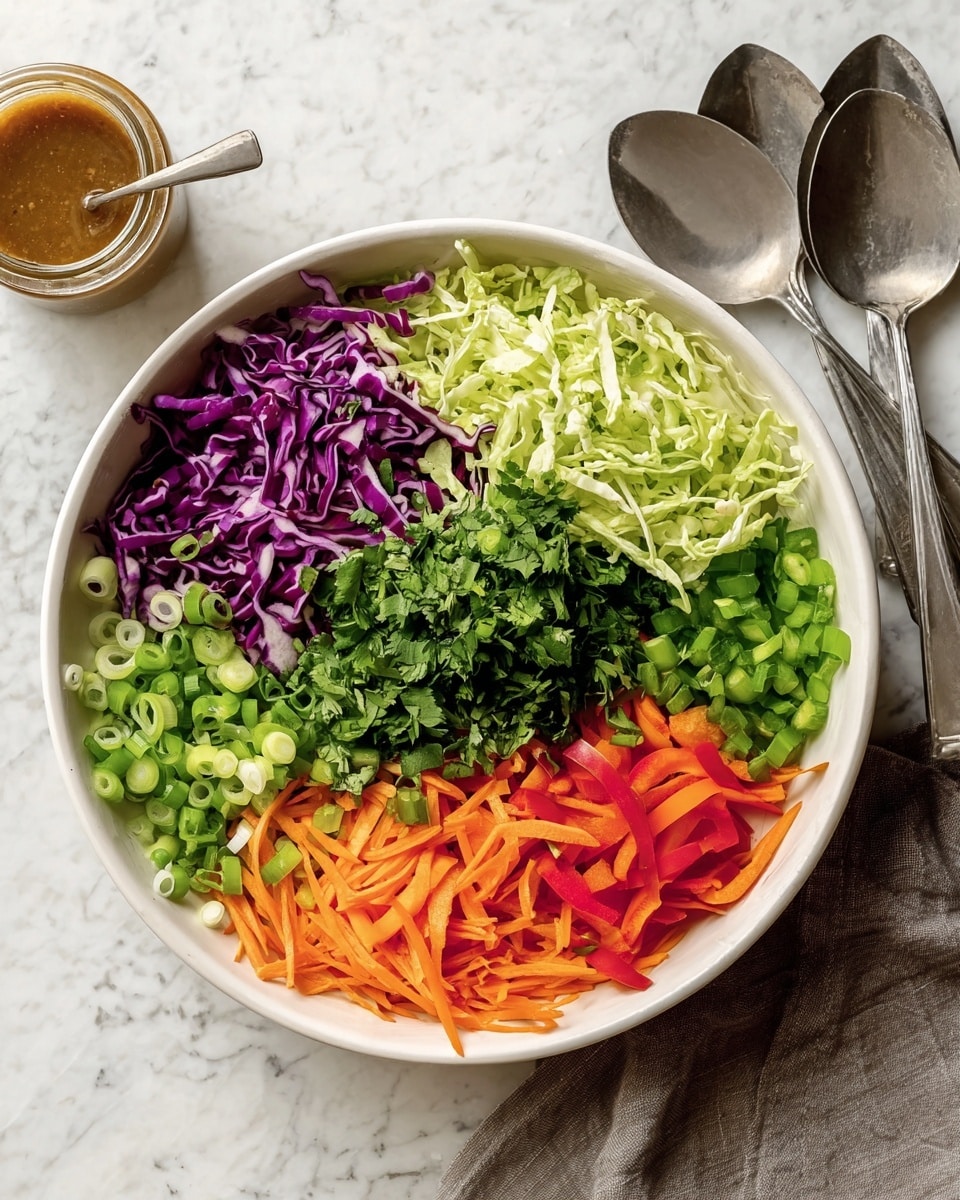 A large white bowl filled with six colorful layers of fresh, chopped vegetables arranged neatly. Starting from the top left and moving clockwise, there is a layer of thinly sliced purple cabbage with a slightly curly texture, next to it is a pile of light green shredded cabbage with soft, thin strips. To the right is a small area of diced green bell peppers, followed by a neat bundle of thin julienned bright orange carrots. Below the carrots is a layer of chopped green onions with white and dark green rings, and in the center of the bowl is a generous mound of finely chopped bright green leafy herbs, likely cilantro. Beside the bowl, on a white marbled surface, are two large metal serving spoons, and a small white jar filled with brown-colored dressing. Photo taken with an iphone --ar 4:5 --v 7