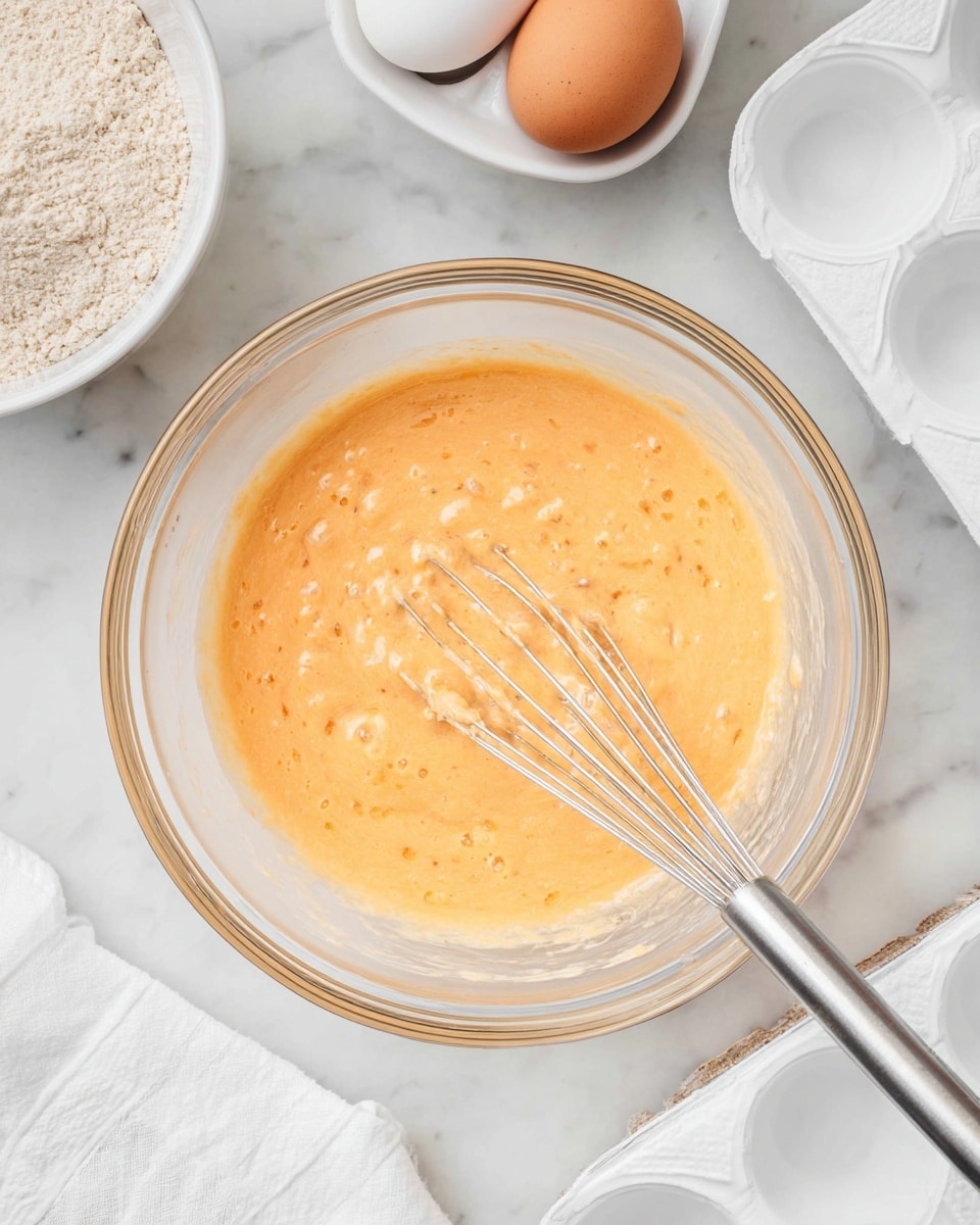A clear glass bowl holds a smooth, pale orange mixture with a slightly thick texture and small lumps, with a silver whisk resting inside. The bowl is placed on a white marbled surface surrounded by a white egg tray with empty slots, a white bowl filled with light brown flour, a whole white egg, and a white cloth napkin. The scene is bright and clean, with soft shadows and no extra decorations. Photo taken with an iphone --ar 4:5 --v 7