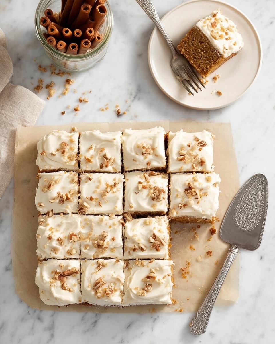A square cake is cut into twelve pieces on parchment paper, placed on a white marbled surface. The cake has one layer of light brown texture, topped with a thick layer of creamy off-white frosting, sprinkled with small chopped nuts. One piece is missing near the top right, with a matching piece on a small white plate above the cake. The piece on the plate shows the brown cake layer inside and is partly eaten with a silver fork resting on the plate. To the left, a clear jar filled with brown rolled sticks sits on the white marbled surface. A silver cake server with a patterned center lies at the bottom right corner. Photo taken with an iphone --ar 4:5 --v 7