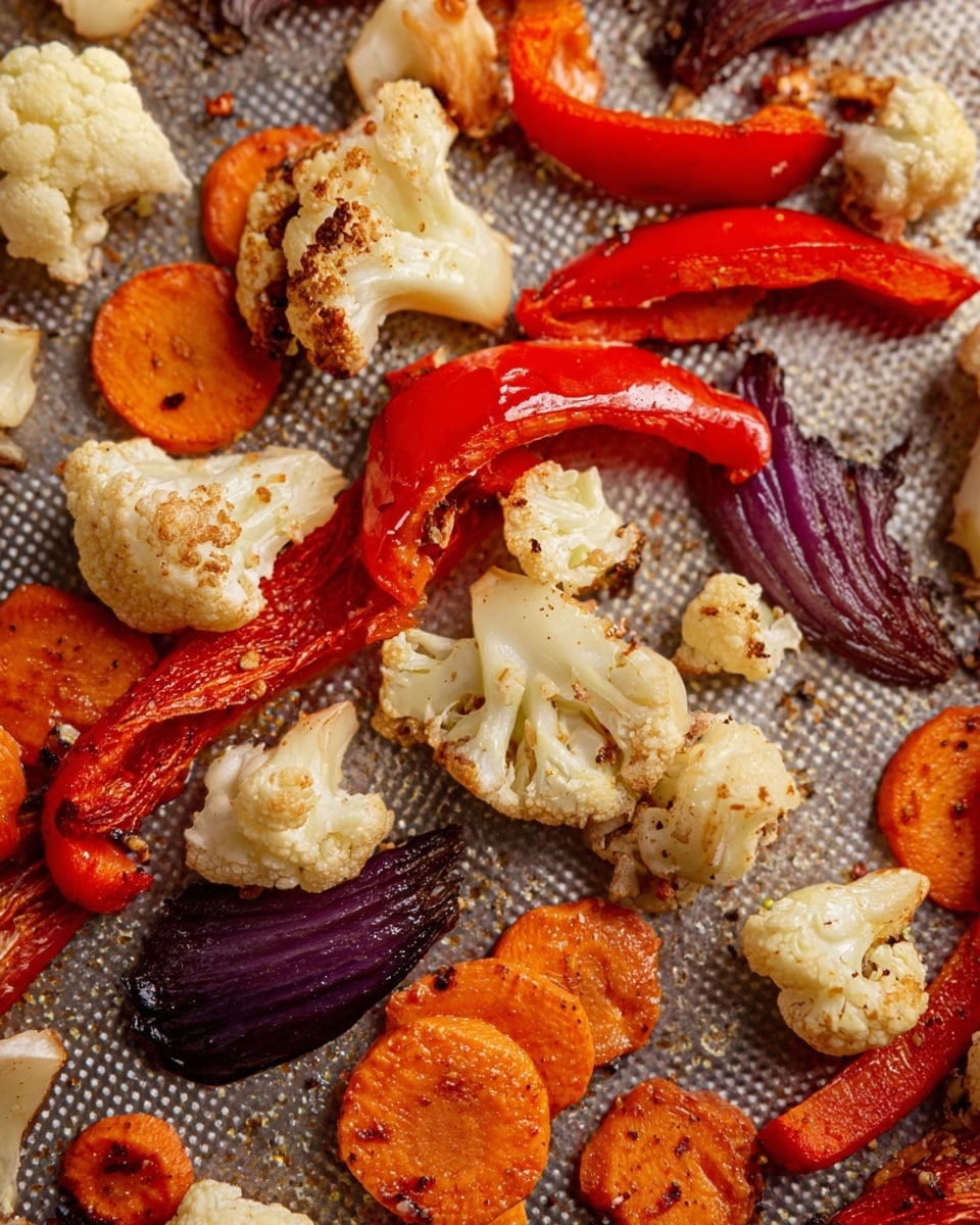 This close-up image shows a mix of roasted vegetables scattered on a silver textured surface. There are three main types of vegetables: small cauliflower florets with light brown charred spots on top, bright orange crinkle-cut carrot slices with a slightly wrinkled texture, and red bell pepper strips with a glossy, slightly wrinkled skin. Some small dark purple onion pieces are also mixed in. The colors vary from white and cream of the cauliflower to deep orange and red of the carrots and peppers, with the vegetables showing some crisp and roasted marks. The silver surface underneath has a dotted pattern and glistens slightly from oil. photo taken with an iphone --ar 4:5 --v 7