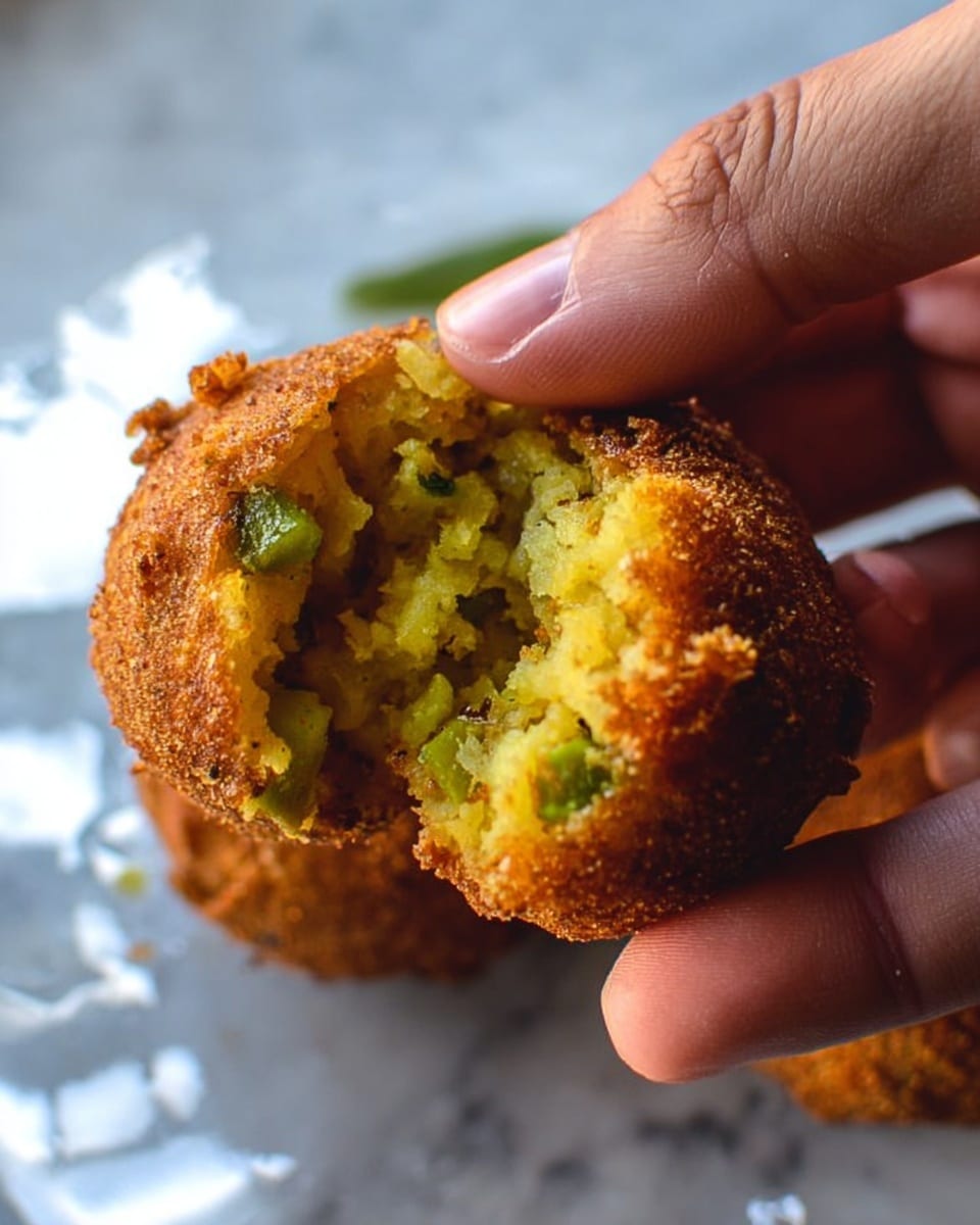 A close-up image of a person's fingers gently holding a crispy, golden-brown fried ball that has been partially opened to reveal a soft, yellowish interior mixed with small green chunks and bits of spices inside. The fried ball has a rough, crunchy outer layer and a moist, textured filling visible through the cracks. The background shows a white marbled surface with a shiny, white plate beneath the person’s fingers. The scene is lit softly, highlighting the texture contrasts. photo taken with an iphone --ar 4:5 --v 7