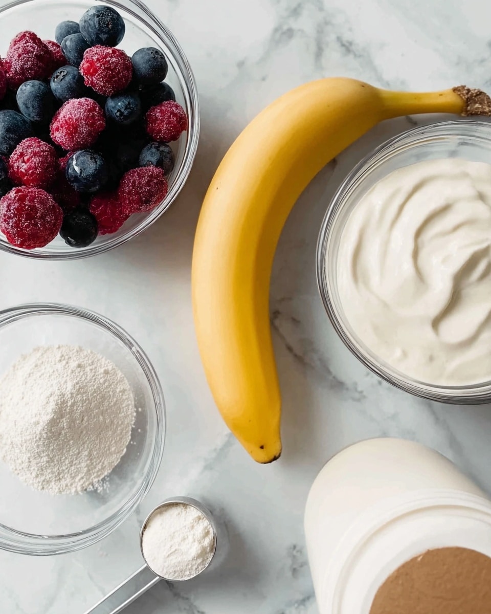 A close-up view of a white marble surface with a single ripe yellow banana in the center, surrounded by glass bowls containing different ingredients: one bowl with a mix of frozen red and blue berries, another bowl with smooth white yogurt, and a scoop of fine white powder placed nearby. Part of a white container with a tan label is visible at the edge. The colors focus on the bright yellow of the banana against the whites and the deep reds and blues of the berries, creating a simple and clean arrangement. Photo taken with an iphone --ar 4:5 --v 7