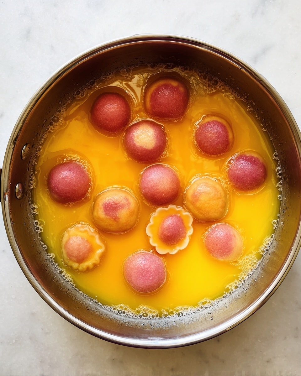 A top view of a metal pan filled with an orange-yellow liquid and round pink dumplings. The dumplings are scattered in the liquid, with some having smooth tops and others showing a scalloped edge around their bases or hollow centers. The pan has a shiny, slightly brushed texture with water droplets along the inner edge, and it rests on a white marbled surface. photo taken with an iphone --ar 4:5 --v 7