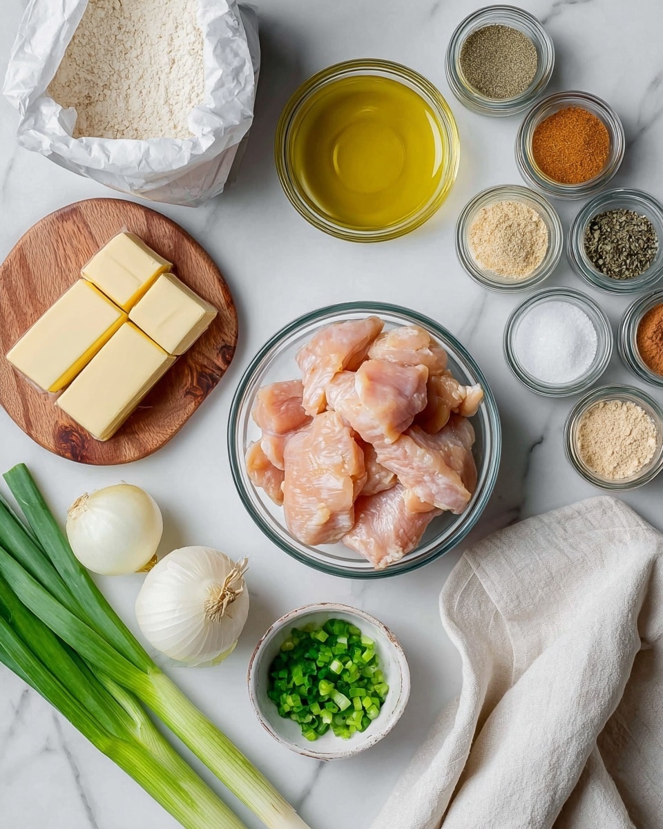 The image shows raw chicken pieces in a clear glass bowl in the center on a white marbled surface. Around it, there is a small white bowl with chopped green onions, fresh whole green onions, and two white onions near the bottom left. A wooden tray holds three small blocks of butter on the left. Above the chicken, there is a clear glass bowl filled with yellow cooking oil, and to the top left, an open white paper bag with flour inside. Several glass spice jars filled with various powders, including salt, pepper, and two kinds of seasoning powders, are scattered to the right and bottom of the chicken bowl. A white cloth is placed on the bottom right corner. The photo taken with an iphone --ar 4:5 --v 7