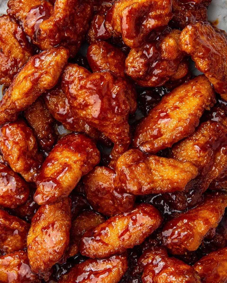 The image shows many pieces of fried chicken wings, each fully covered in a thick, shiny reddish-brown sauce. The sauce looks sticky and glossy, with patches where it pools slightly around the edges of the crispy textured chicken. The chicken pieces are close together, filling the entire frame, showing a mix of curved and more irregular shapes with a crunchy surface visible beneath the sauce. The background features a white marbled texture. photo taken with an iphone --ar 4:5 --v 7